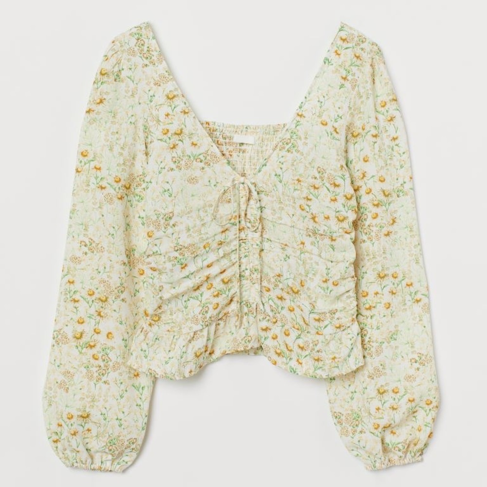 NWOT 💐H&M Draped Blouse yellow/green florals Size Small